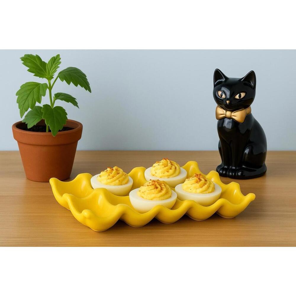 Food Network USA 2010s Yellow Stoneware Ceramic Egg Tray, 7.5x5.5”